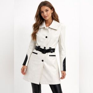 Via Spiga Women’s Ivory & Black Belted Midi Trench Coat 100% Cotton Sz XS NWOT
